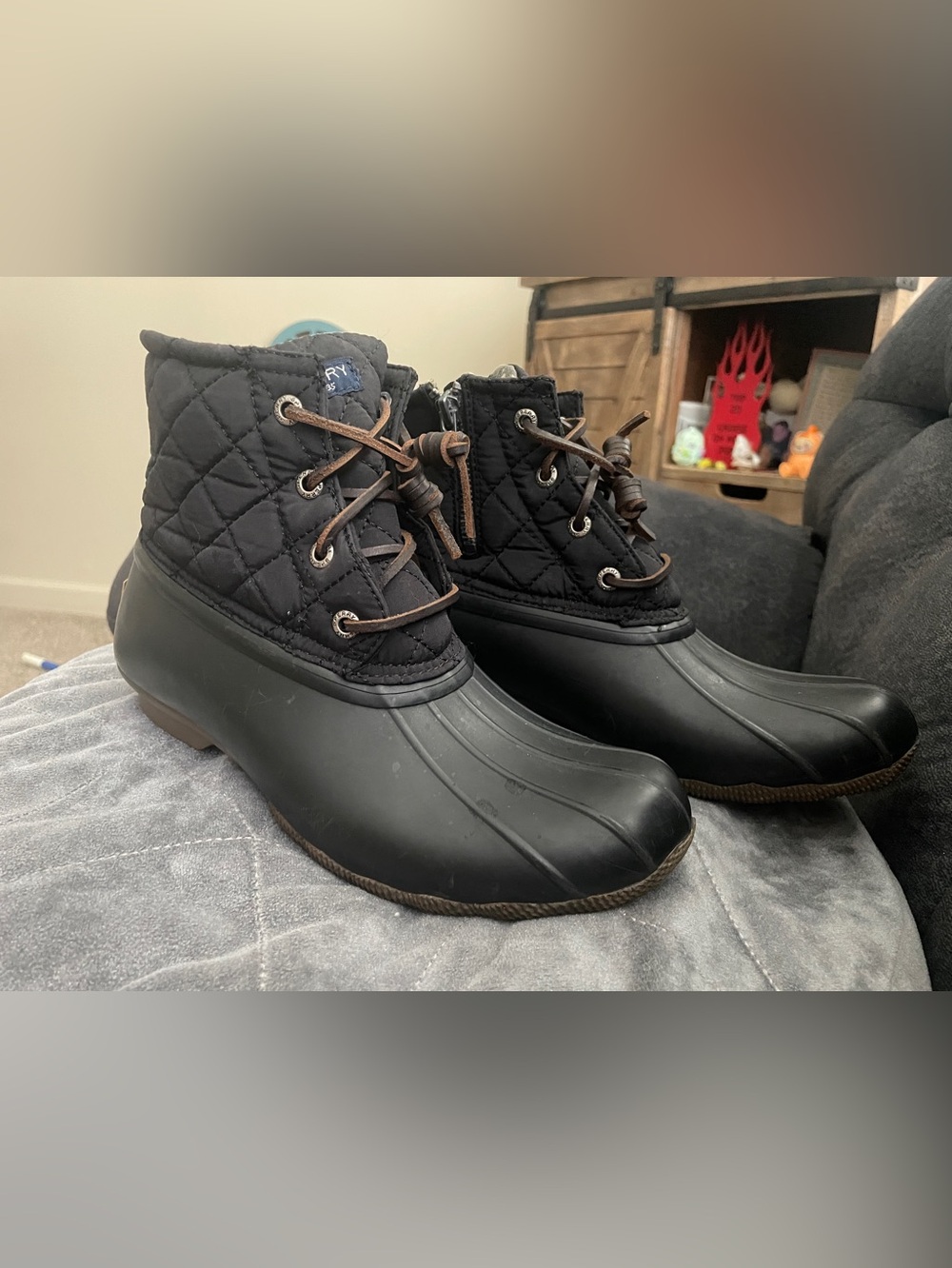 Sperry Black Quilted Lace-Up Duck Boots with Brown Laces